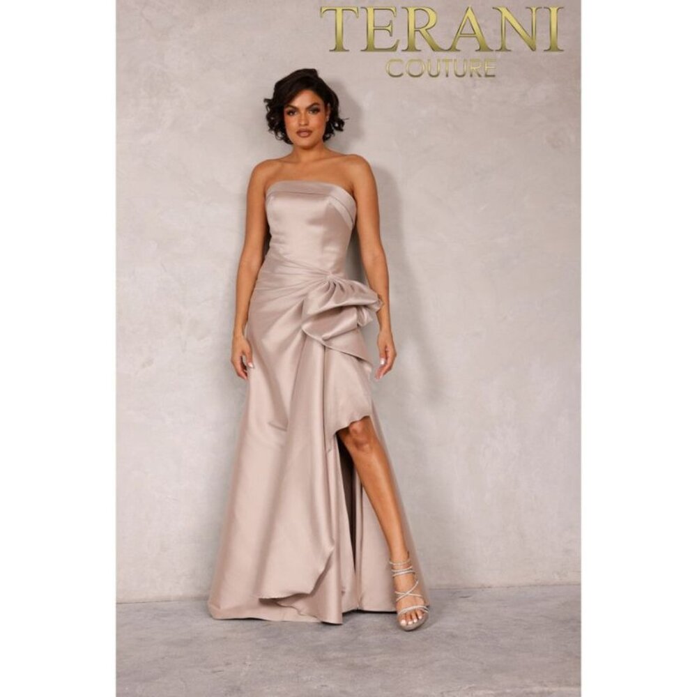 Clearance Taupe 8 Glamorous Evening Strapless Mermaid Long Formal Taffeta Dress